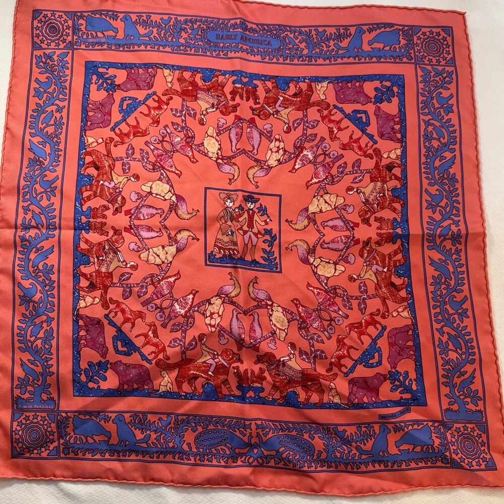 Pristine Hermes Paris "Early America" 100% Silk Rolled Edge Pocket Square Coral